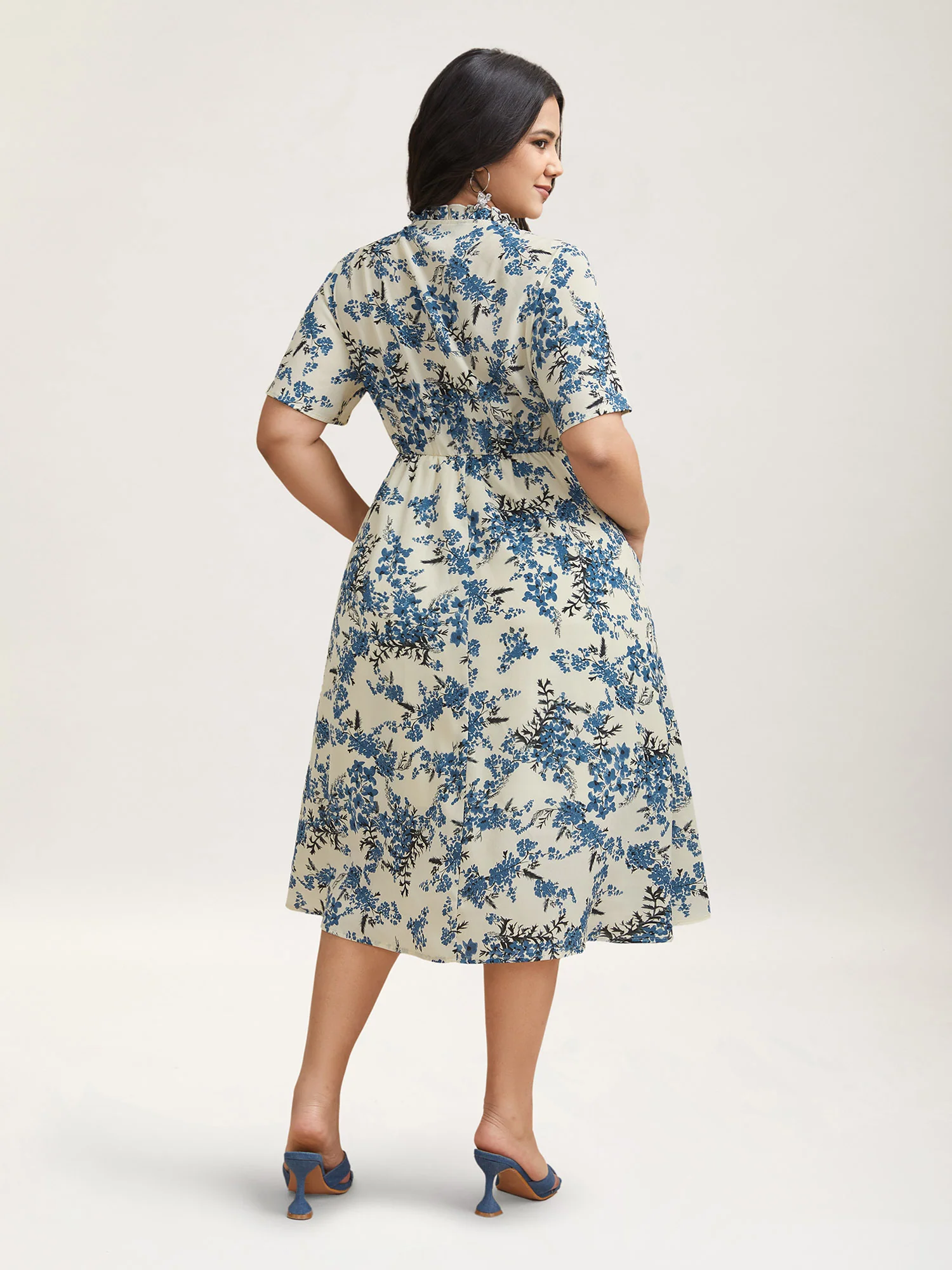 In Full Bloom Notched Collar Pockets Midi Dress