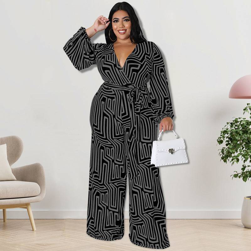 Plus Size Women Clothes Long Sleeve One Piece Straight Leg Pants