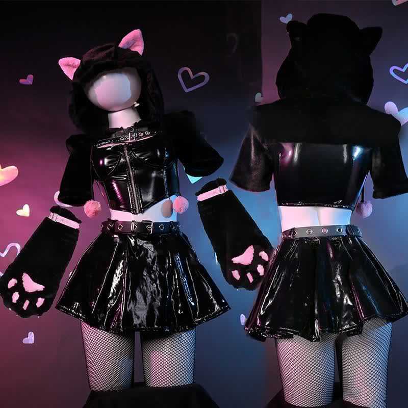 Cosplay Kitty Paw Hooded PU Lingerie Set