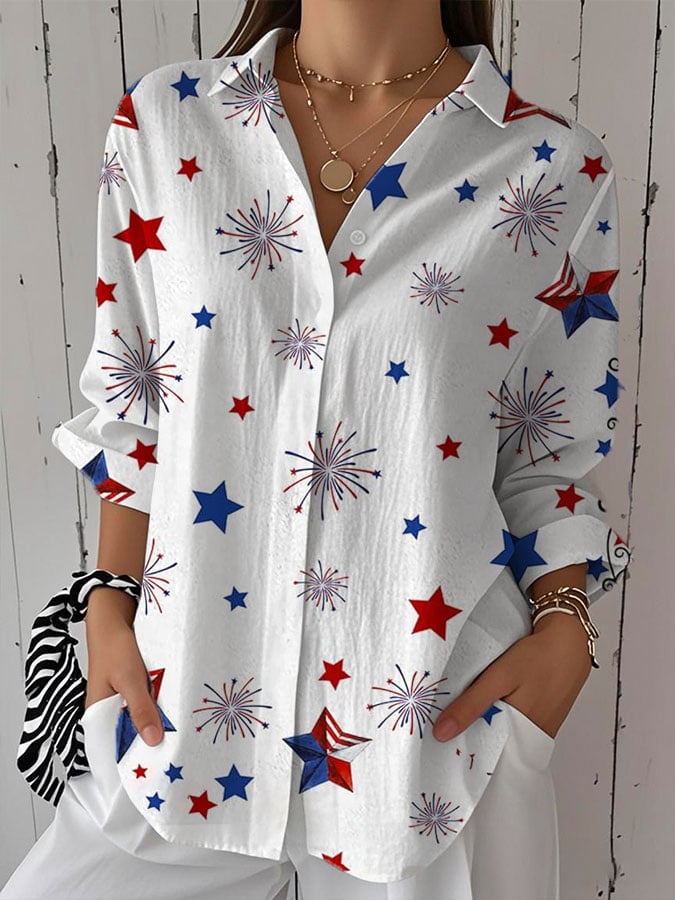 Women's Independence Day Retro Stars and Fireworks Printed Casual Shirt