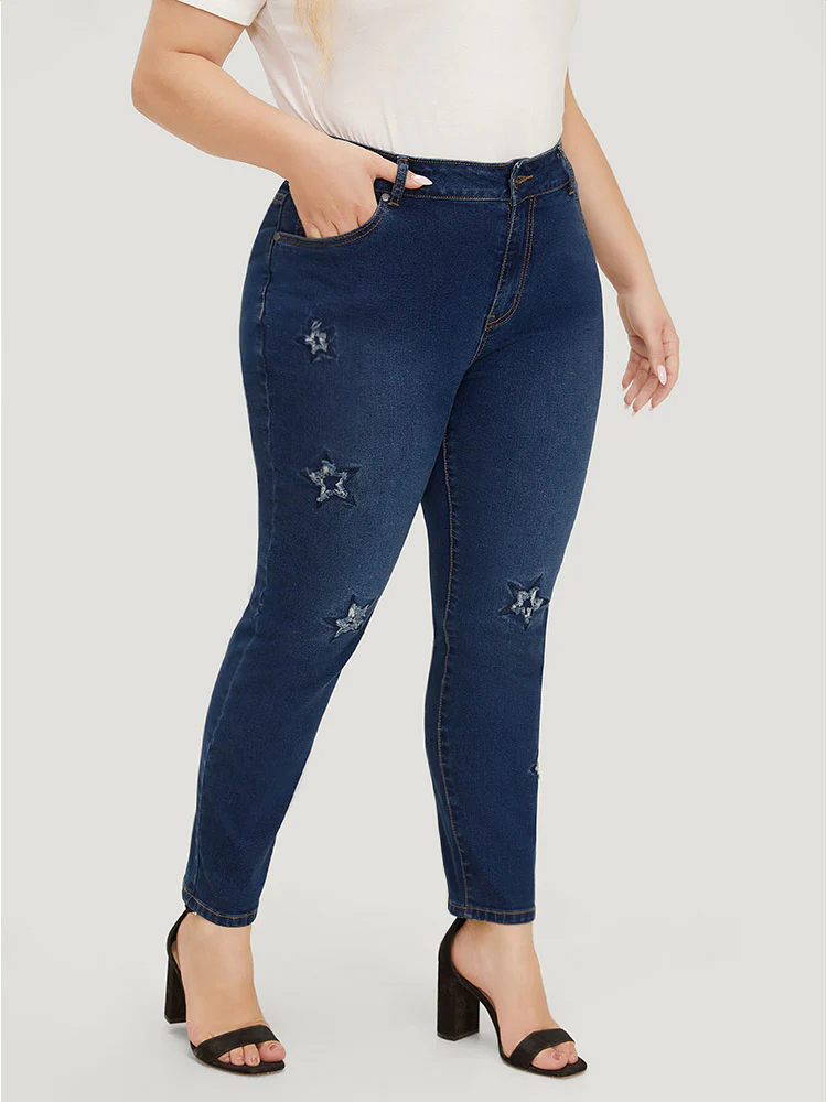 Very Stretchy High Rise Medium Wash Star Embroidery Jeans