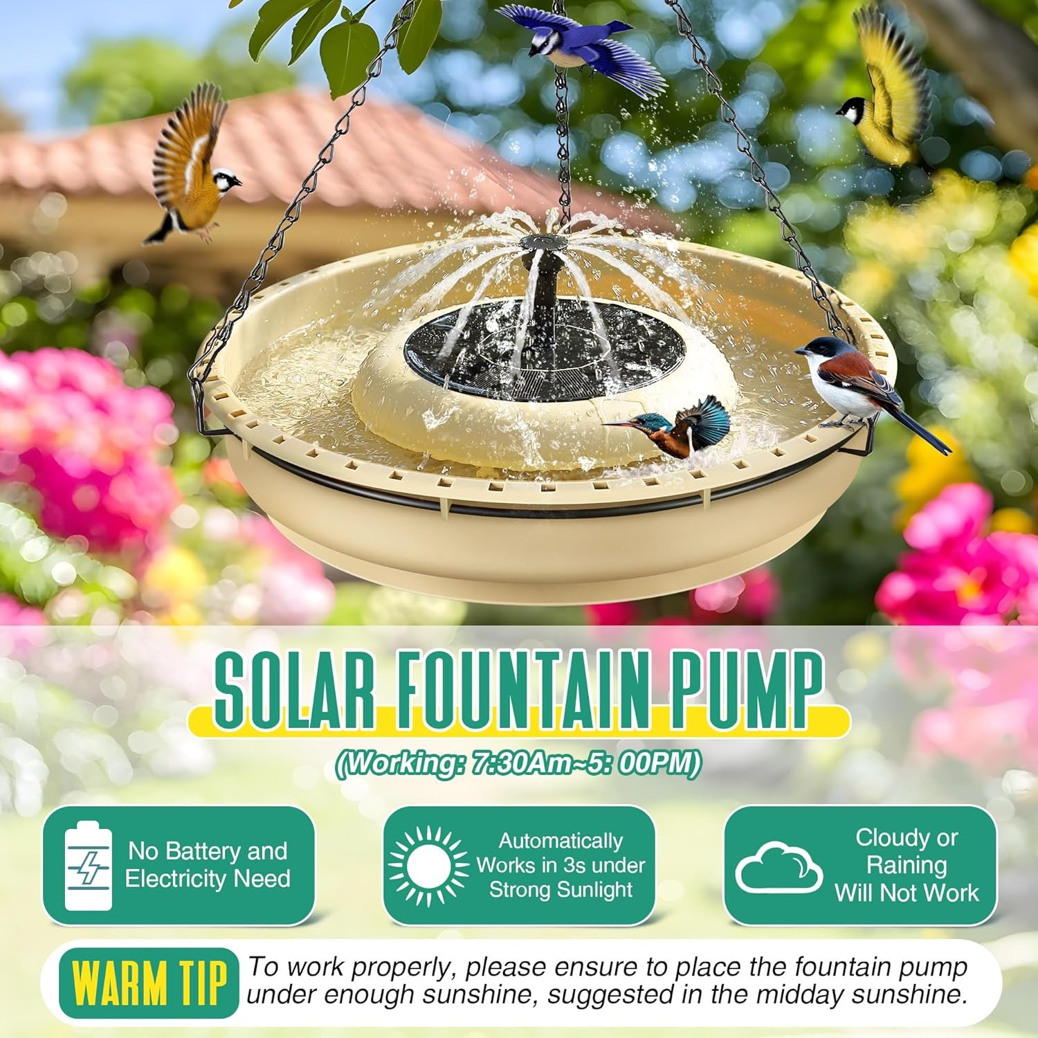 💥ON SALE💥Large Hanging Bird Bath with Solar Fountain