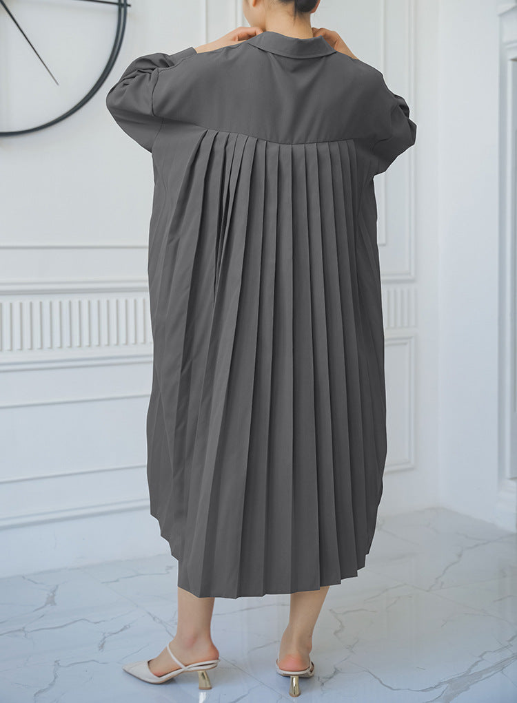 Spring Autumn Loose Overknee Dress Women Casual Large Version Back Pleated Long Shirt Dress