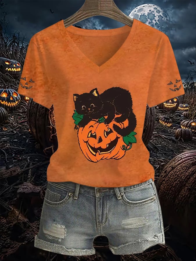 🔥Buy 3 Get 10% Off🔥Women's Casual Halloween Cat Print V-Neck Short Sleeve T-Shirt