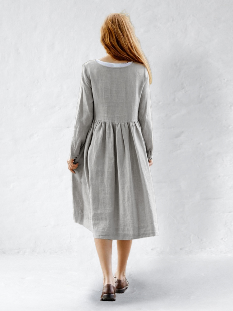 Pleated Wide Skirt Linen Midi Dress