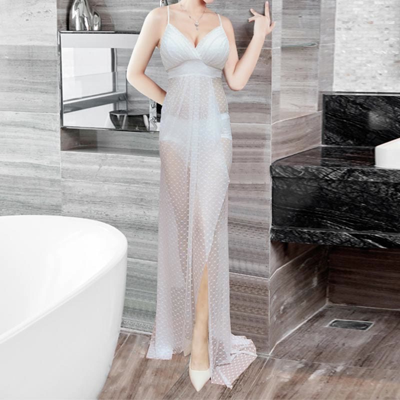 Deep V-neck Heart Lace See-through Slip Dress