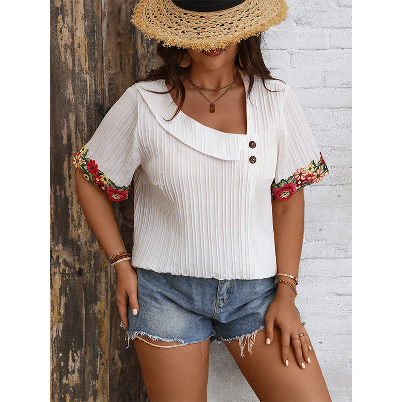 Plus Size Women Summer V Neck Loose Pullover Top Embroidered Edge Short Sleeved Shirt Women Shirt