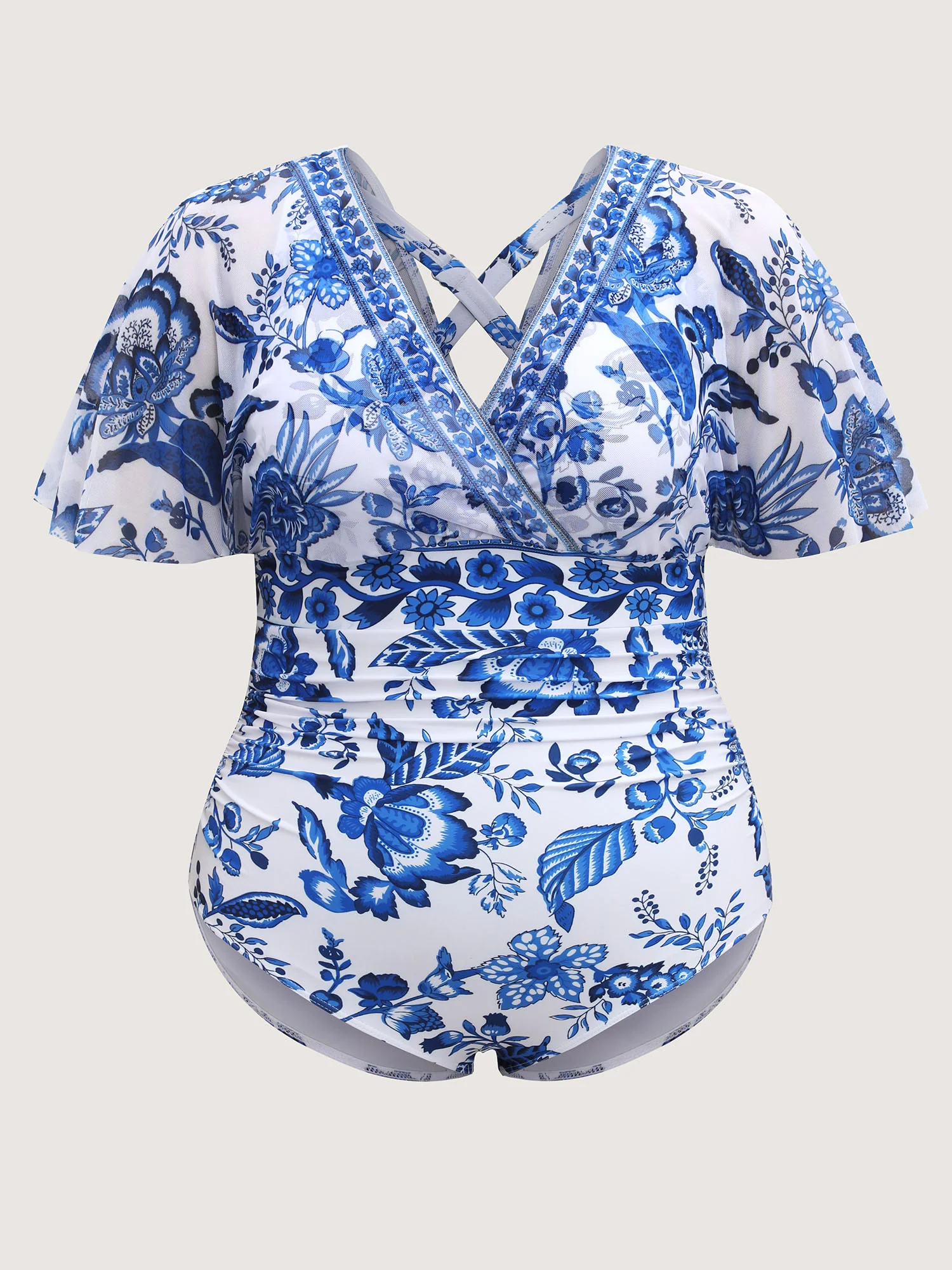 Ruched Sheer Floral One-Piece Swimsuit