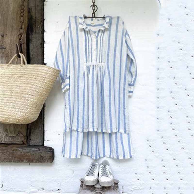 Striped Pleated Button Up High Low Tunic