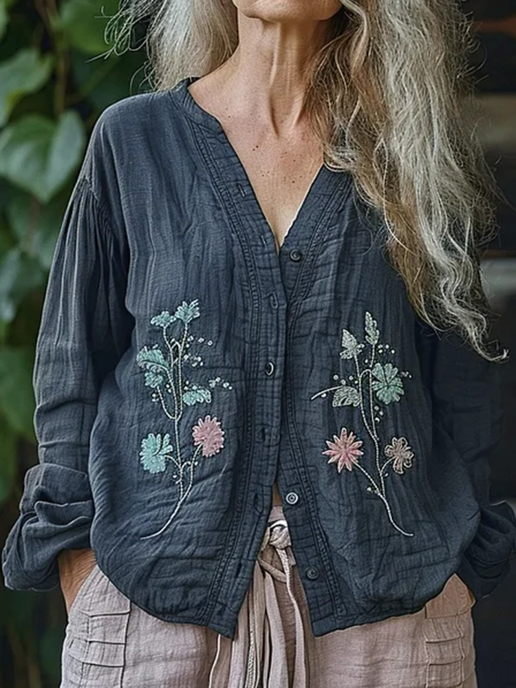 Bohemian Style Linen Floral Art Print Long Sleeve Loose  Shirt