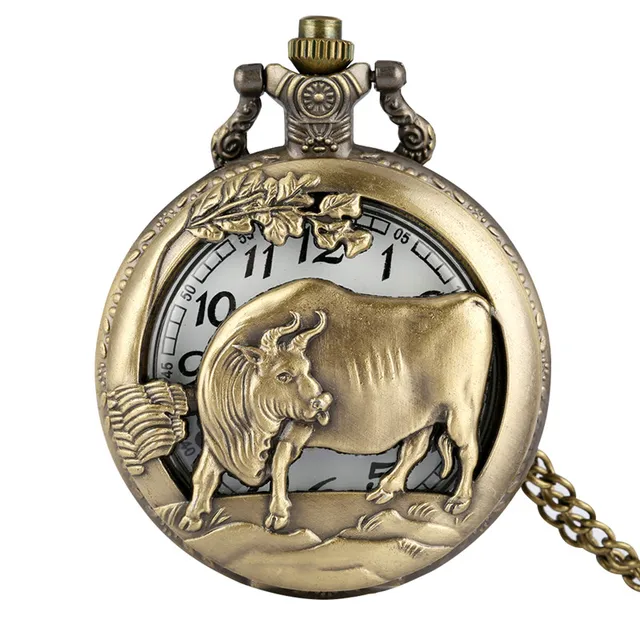 Bronze Hollow Out Chinese Twelve Zodiac Design Animal Quartz Pocket Watch for Men Women with Necklace Chain Gift reloj