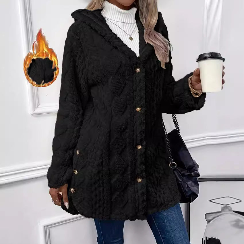 European and American Hooded Solid Color Buttoned Cardigan Long Sleeve Coat