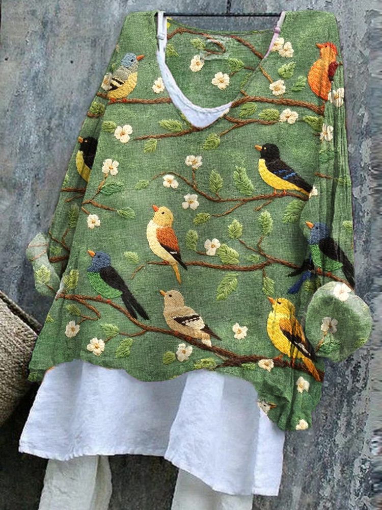 Women's Flower And Bird Embroidery Art Linen Blend Shirt