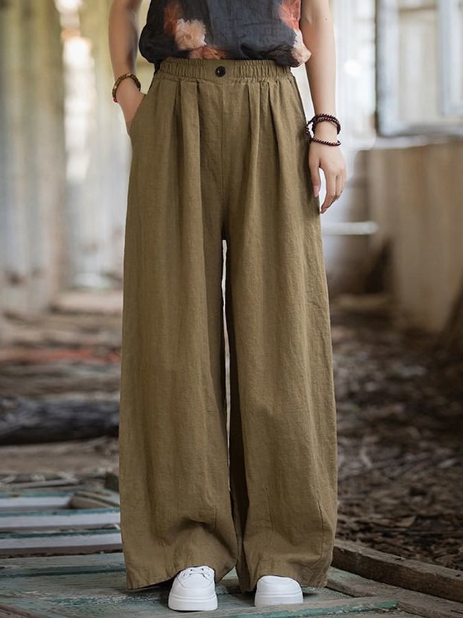 Women's Solid Color Loose Elastic Waist Casual Cotton And Linen Pants