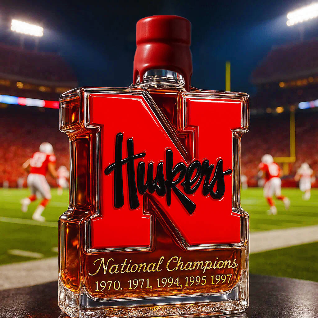 Nebraska Cornhuskers 5-Time National Champions Whiskey Bottle