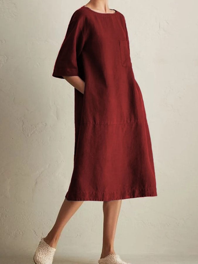 Solid Color Round Neck Pocket Half Sleeve Casual Dress