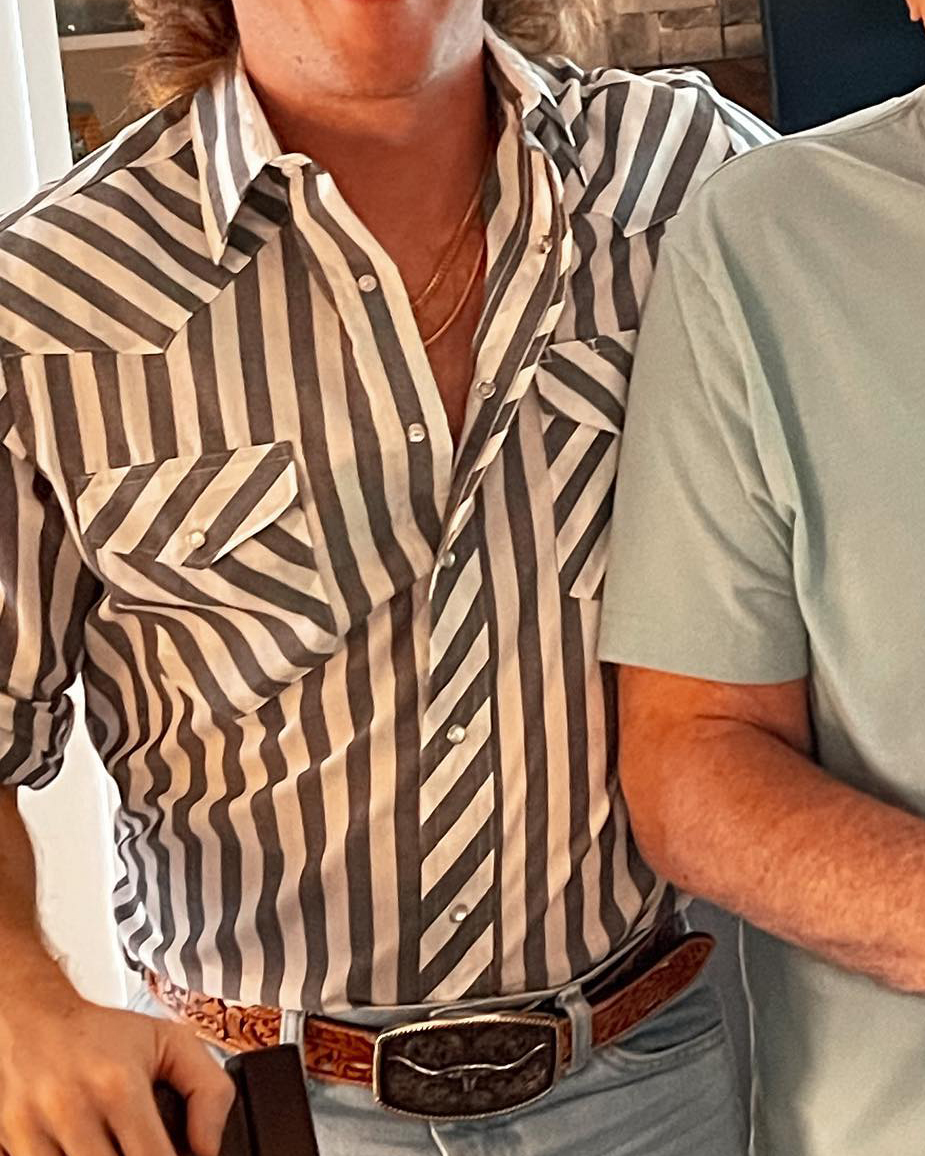 Men's Lapel Casual Western Gray Print Striped Shirt