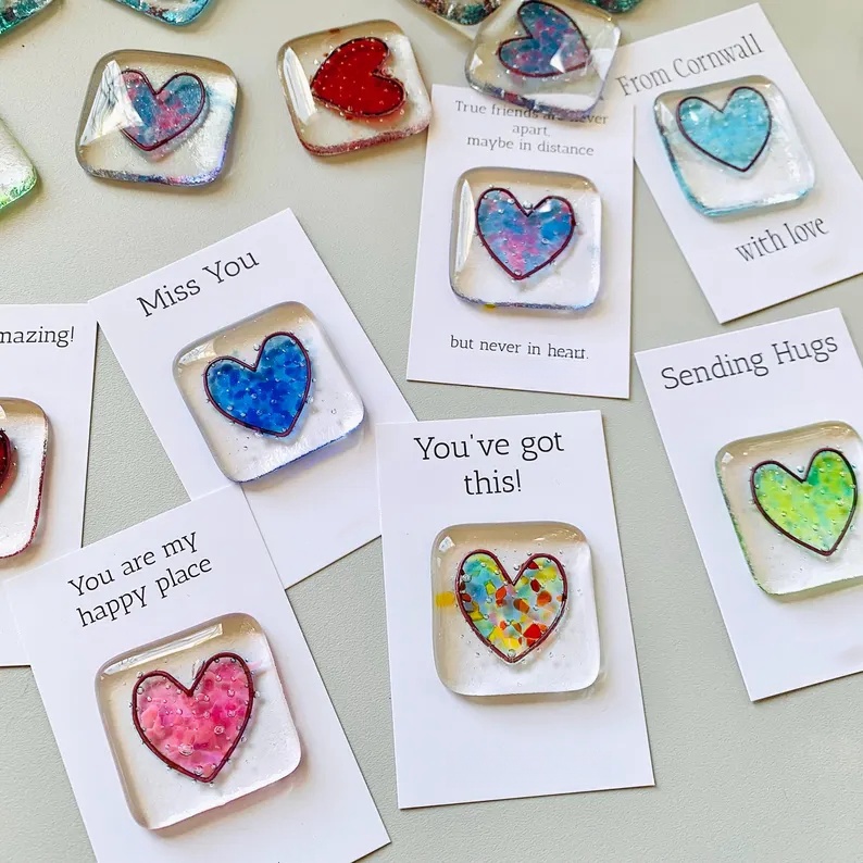 Fused glass heart pocket hug token