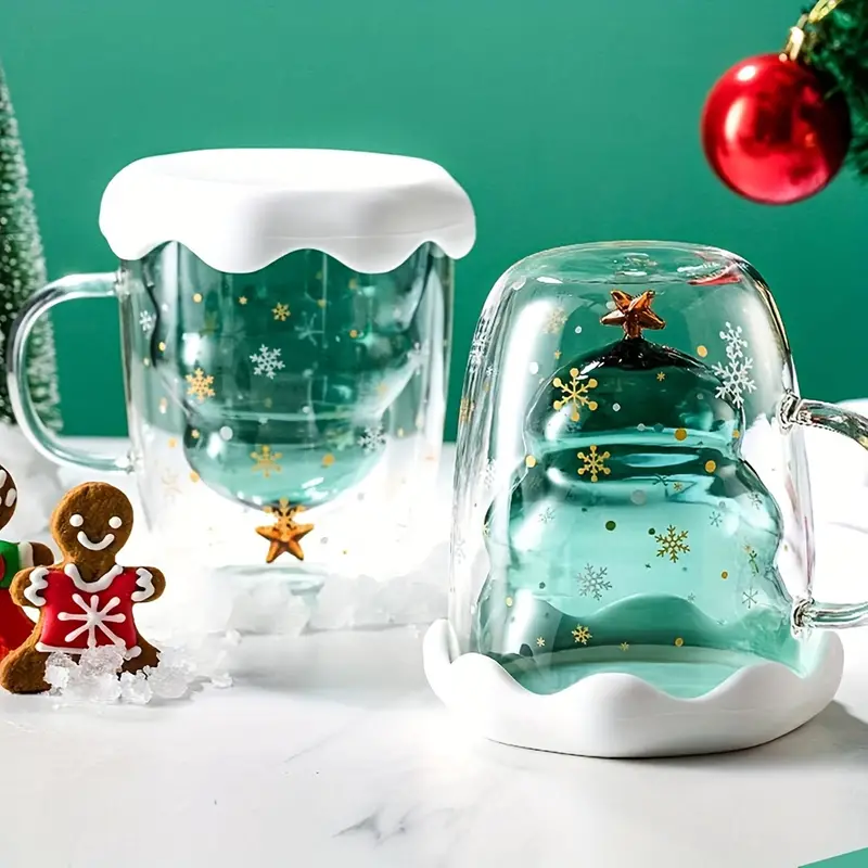 ☕☕Christmas themed double layer glass coffee cup (with lid)