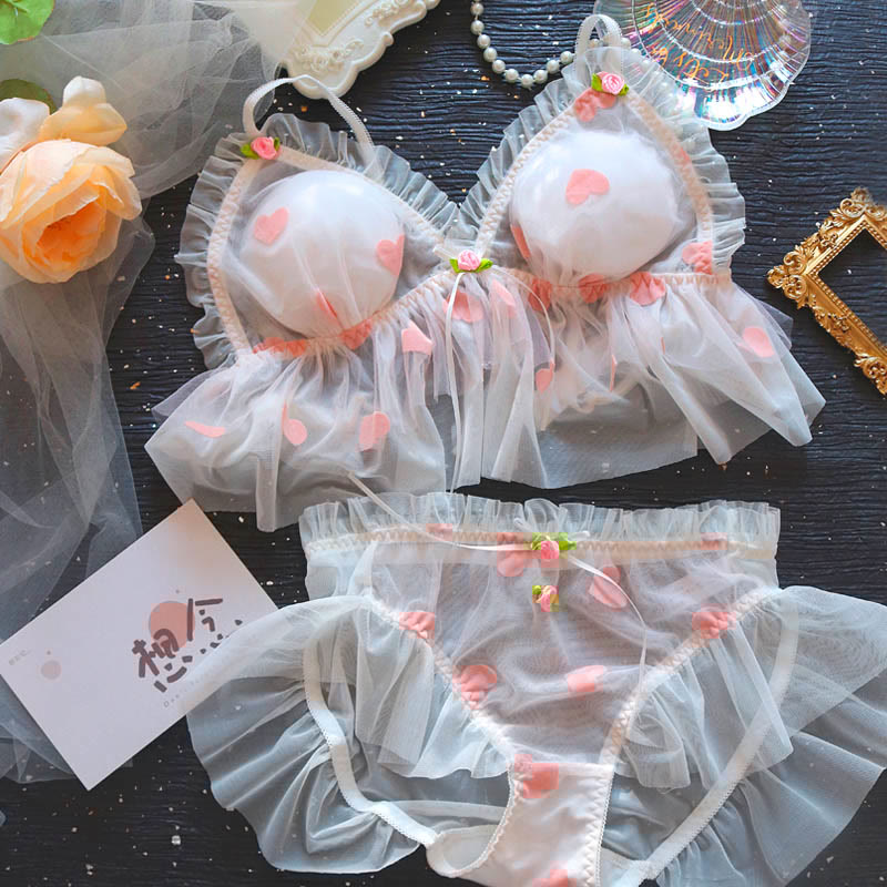 Sexy Lace Heart Print Mesh Lingerie Set