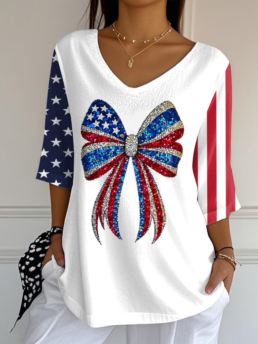 Women's Summer Independence Day Imitation Rhinestone Bowknot Long T-Shirt