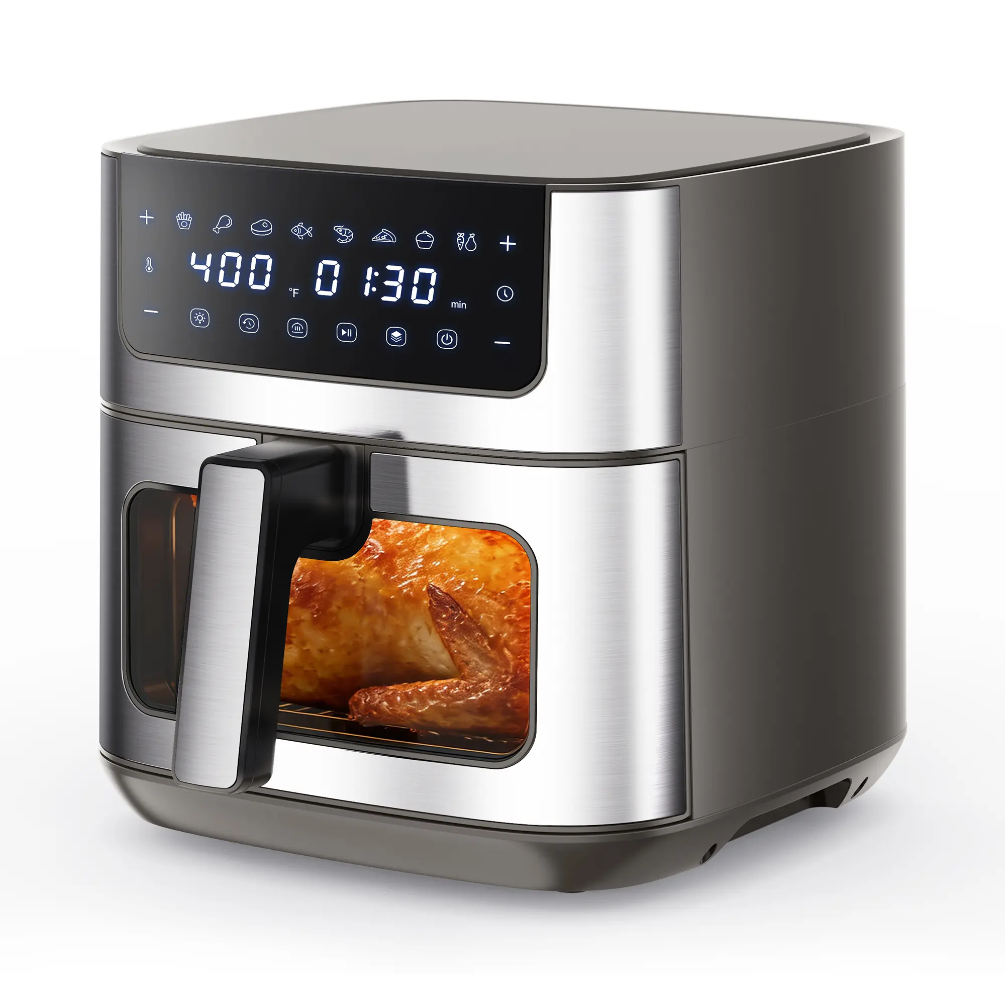 6.34QT Air Fryer with Window 8 Food Presets 400°F Max Heat 90-Min Timer Nonstick Dishwasher-Safe Basket for Air Fry Roast Reheat Bake Stainless Steel