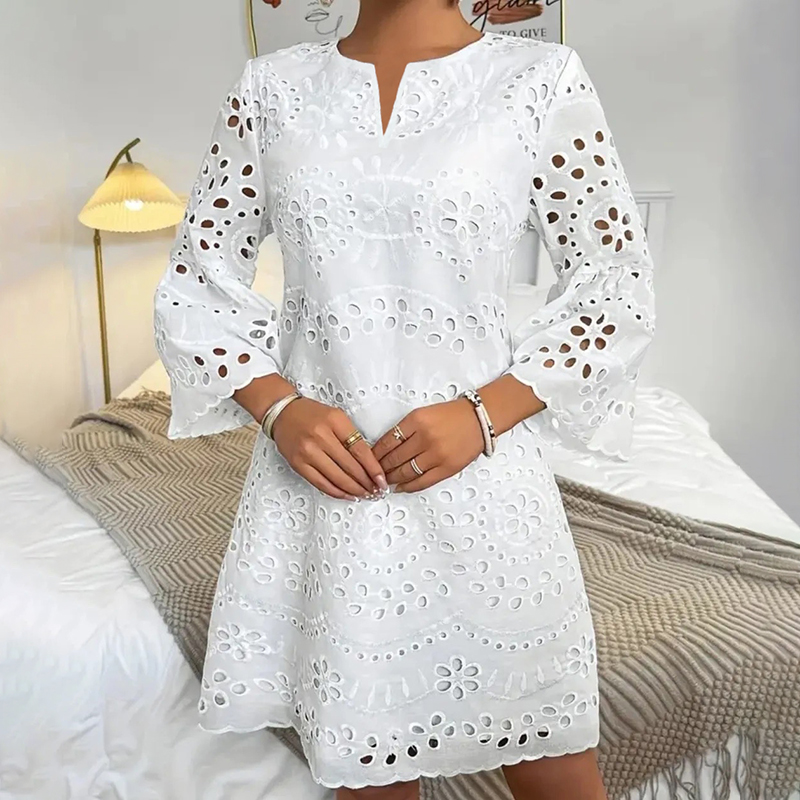 Elegant Lace Embroidery Art Long Sleeve V-neck Midi Dress