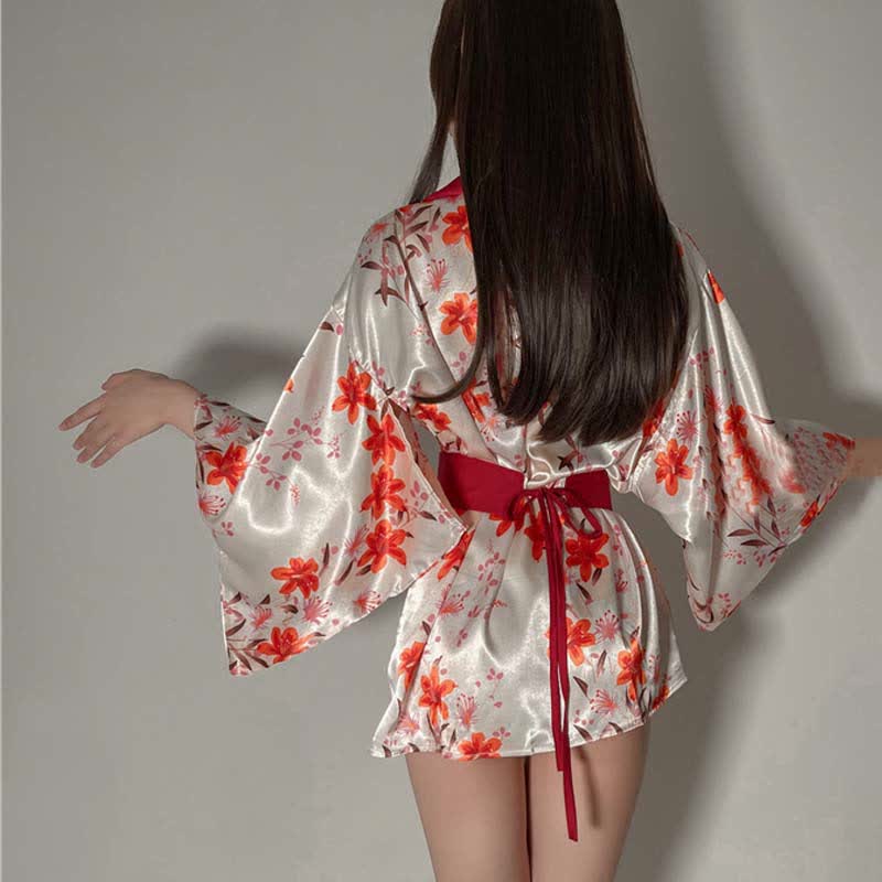 Floral Print Deep V-neck Lace Up Kimono Lingerie Dress