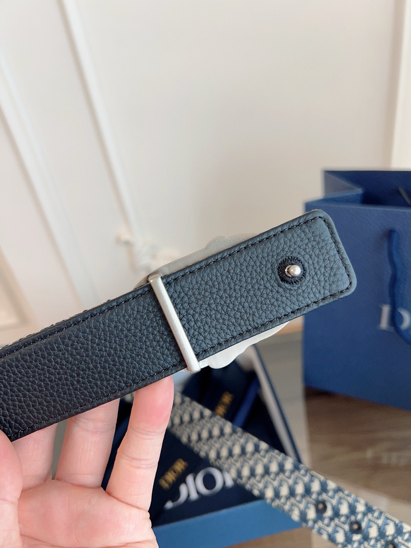 Dior Oblique Blue Cloth Black Cowhide Leather Strap 3.5cm Wide