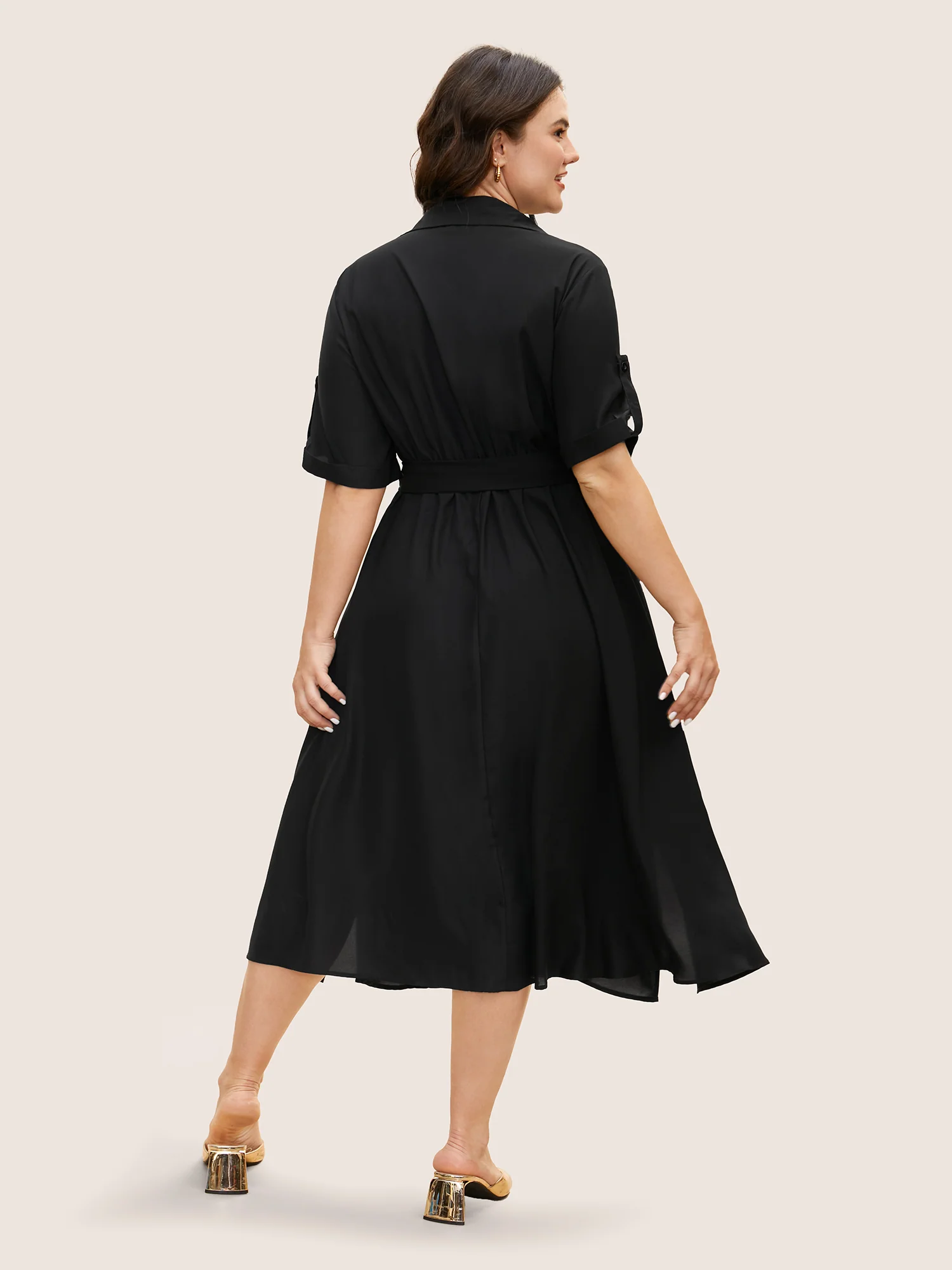 Shirt Collar Tab Sleeve Split Hem Dress