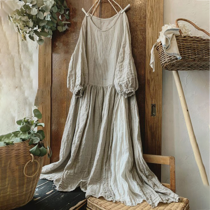 Vintage V Neck Balloon Sleeve Cotton Linen Midi Dresses