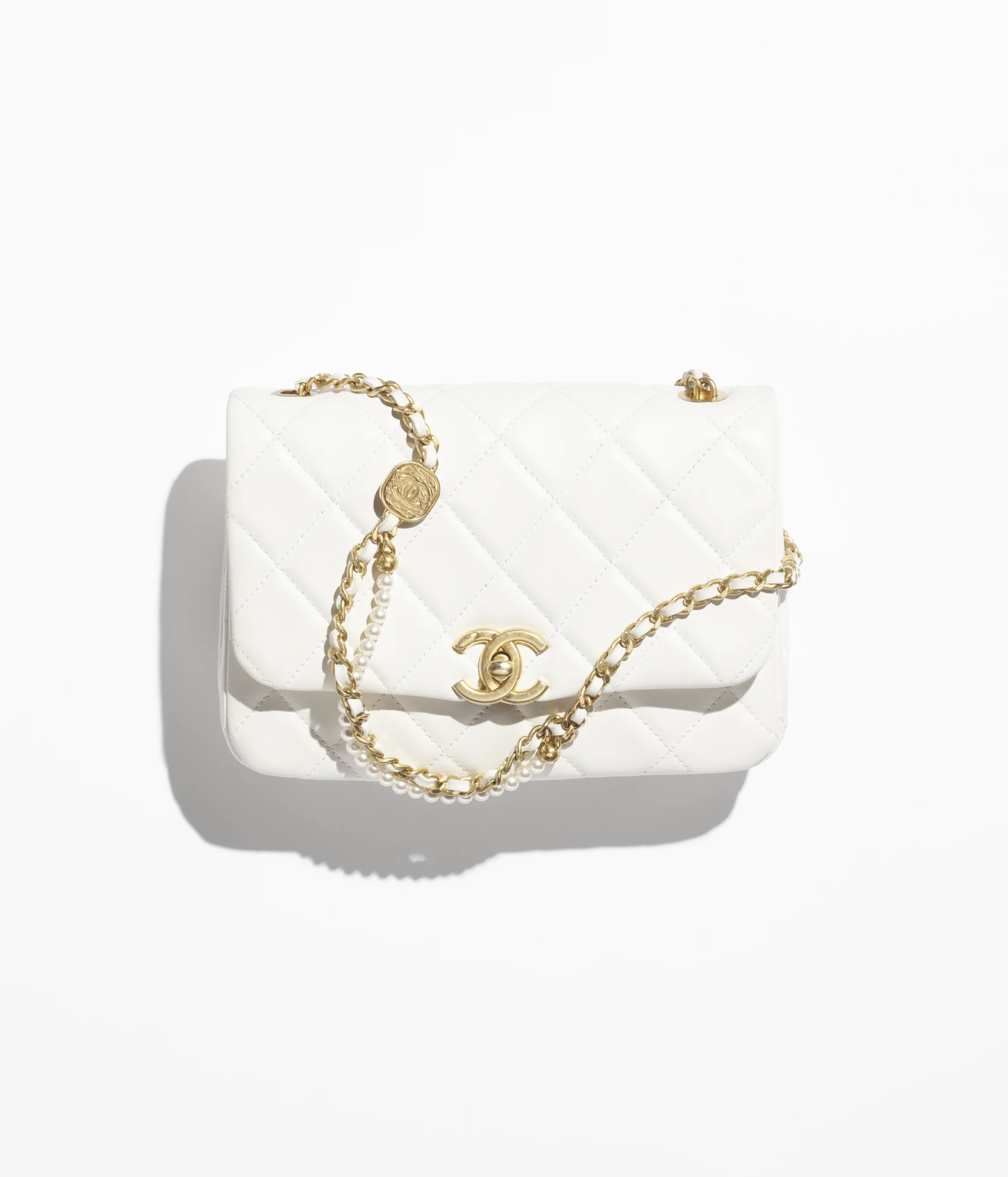 Chanel Mini Flap Bag Shiny Lambskin, Imitation Pearls & Gold-Tone Metal White AS5352-B19384-10601