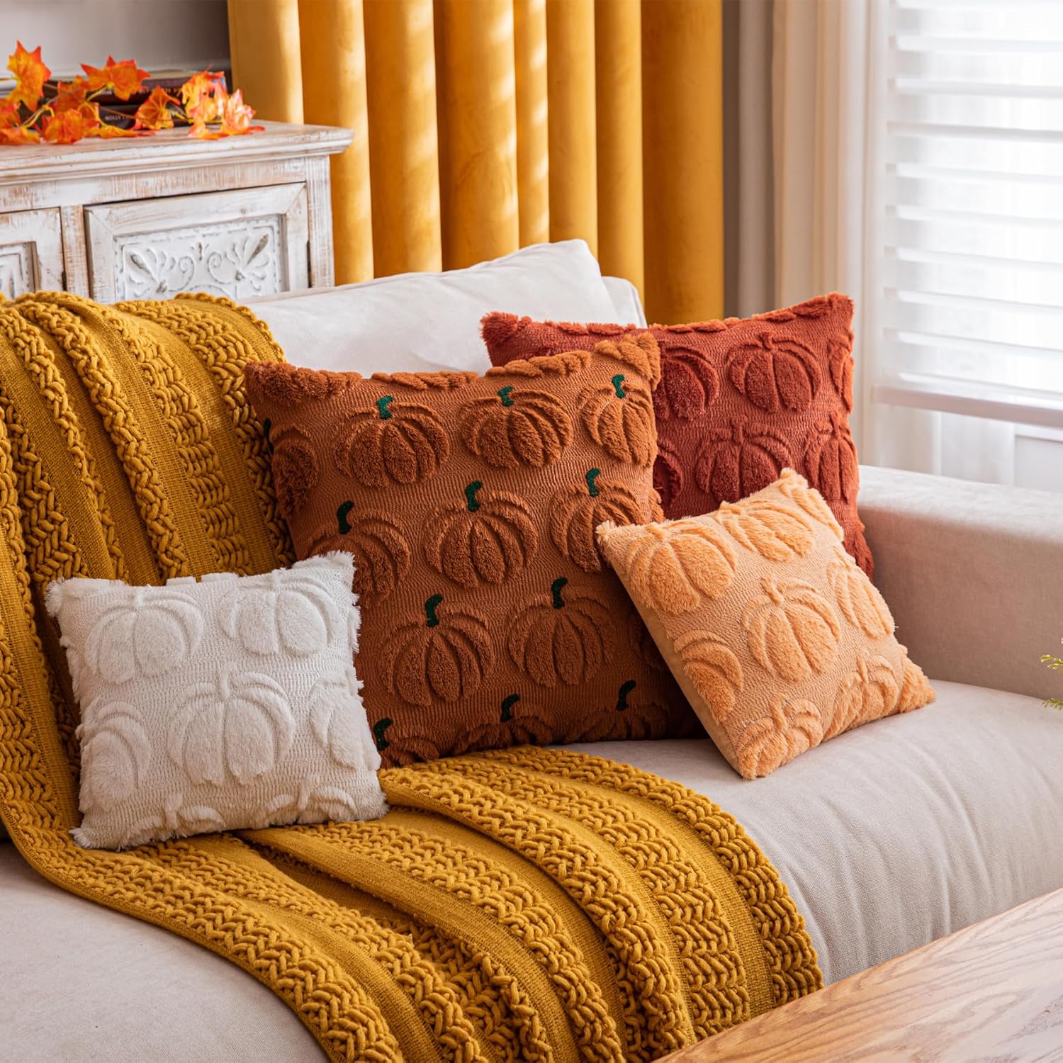 Pumpkin Fall Decorative Throw Pillow Covers, Fluffy Plush Accent Pillow Cases