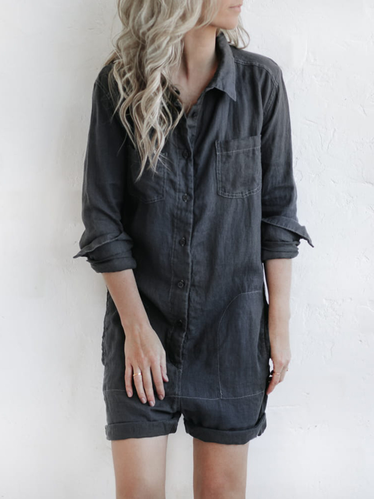 Button Up Short Linen Jumpsuit