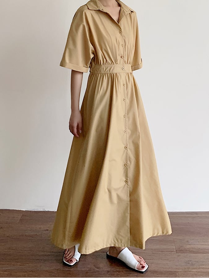 Women's Solid Color Single-Breasted Mid-Length Loose Cotton And Linen Casual Dress