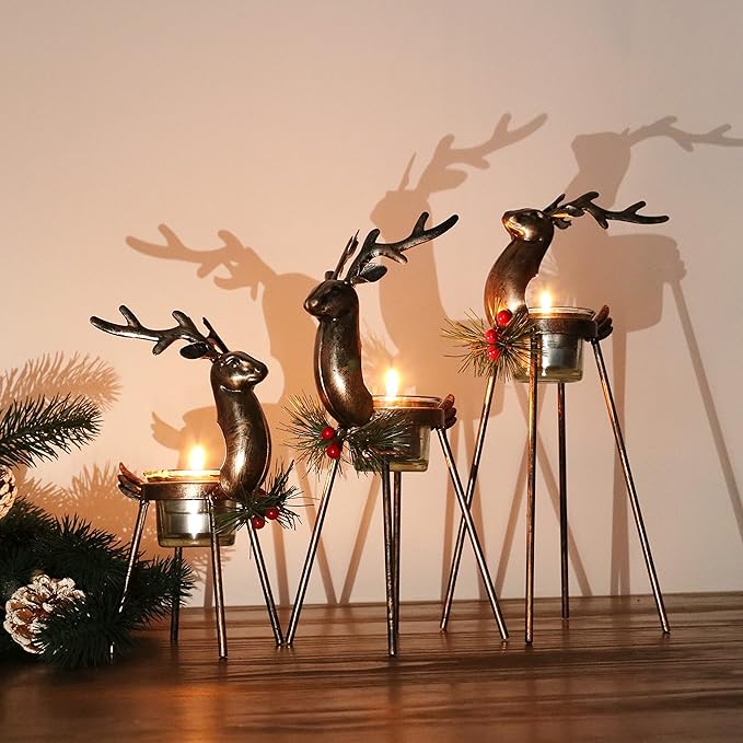 🌲🦌Christmas Metal Reindeer Tea Light Candle Holder (Set of 3PCS)