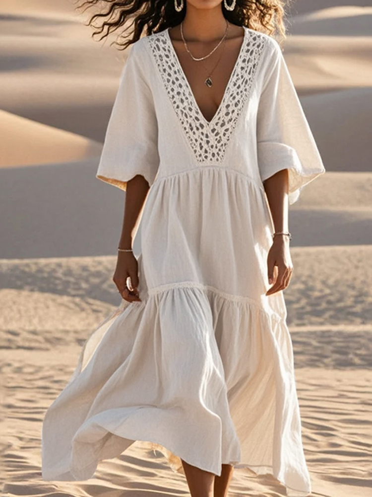 Women's Loose White Lace Patchwork Cotton Holiday Hollow Out Spring Dress