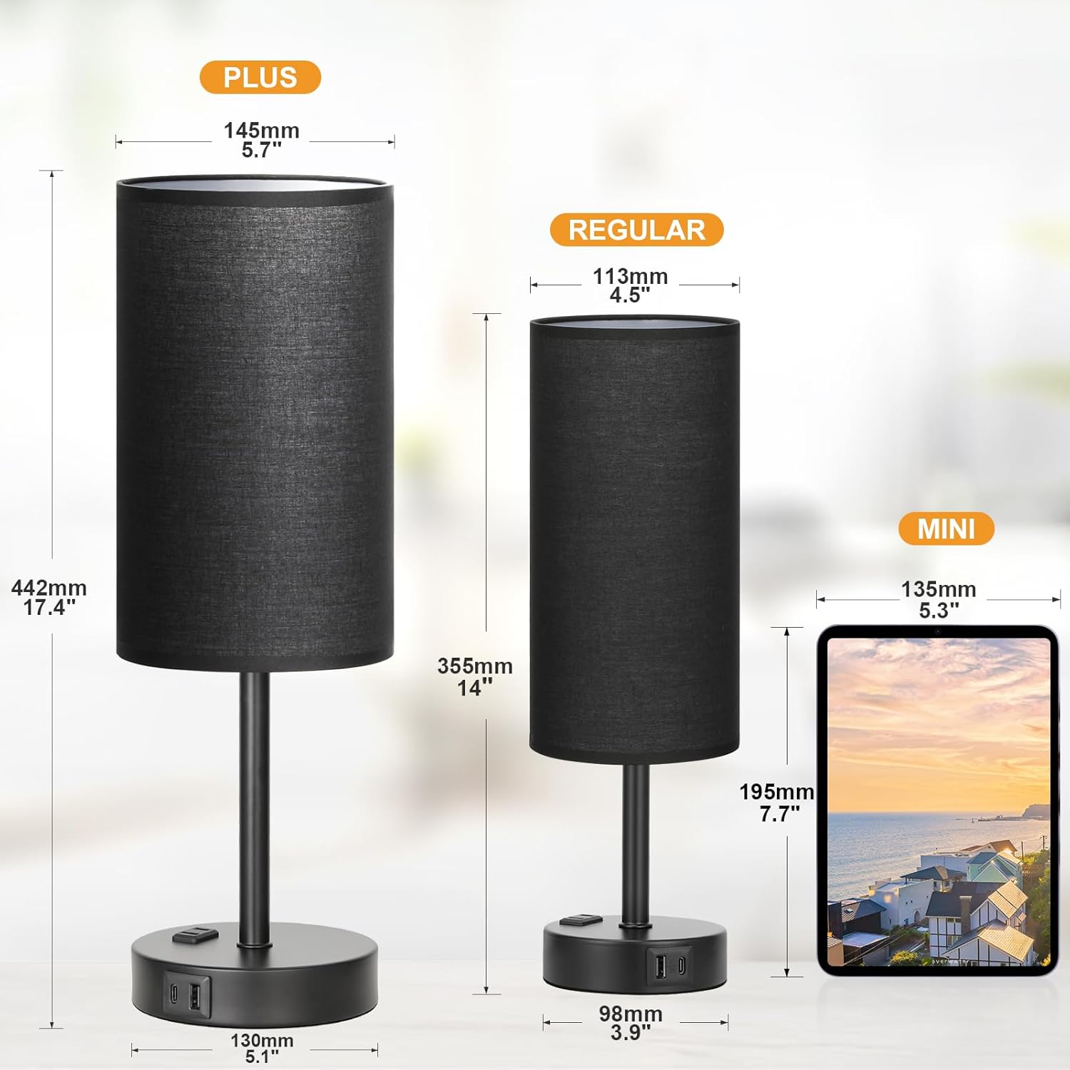 Bedside Table Lamp for Bedroom - 3 Way Dimmable Touch Lamp USB C Charging Ports and AC Outlet, Small Lamp Wood Base Round Flaxen Fabric Shade for Living Room, Desk, LED Bulb Included