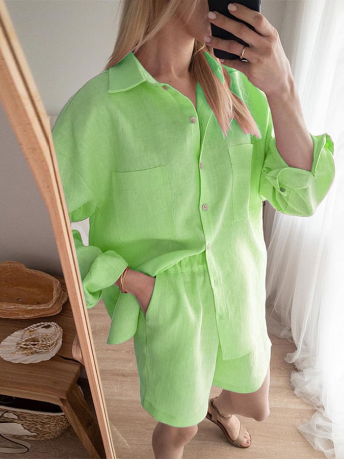Women's Solid Color Simple Loose Casual Cotton And Linen Tops And Shorts Two-Piece Set