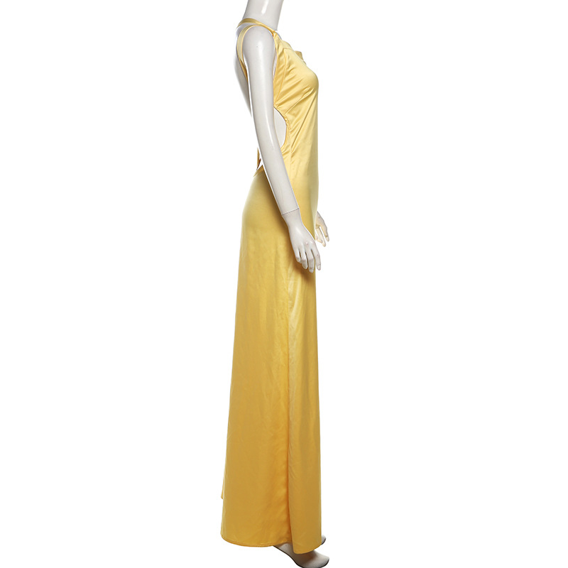 Yellow Fashionable sexy girl sleeveless slanting collar hollow backless high-waisted slim dress dress
