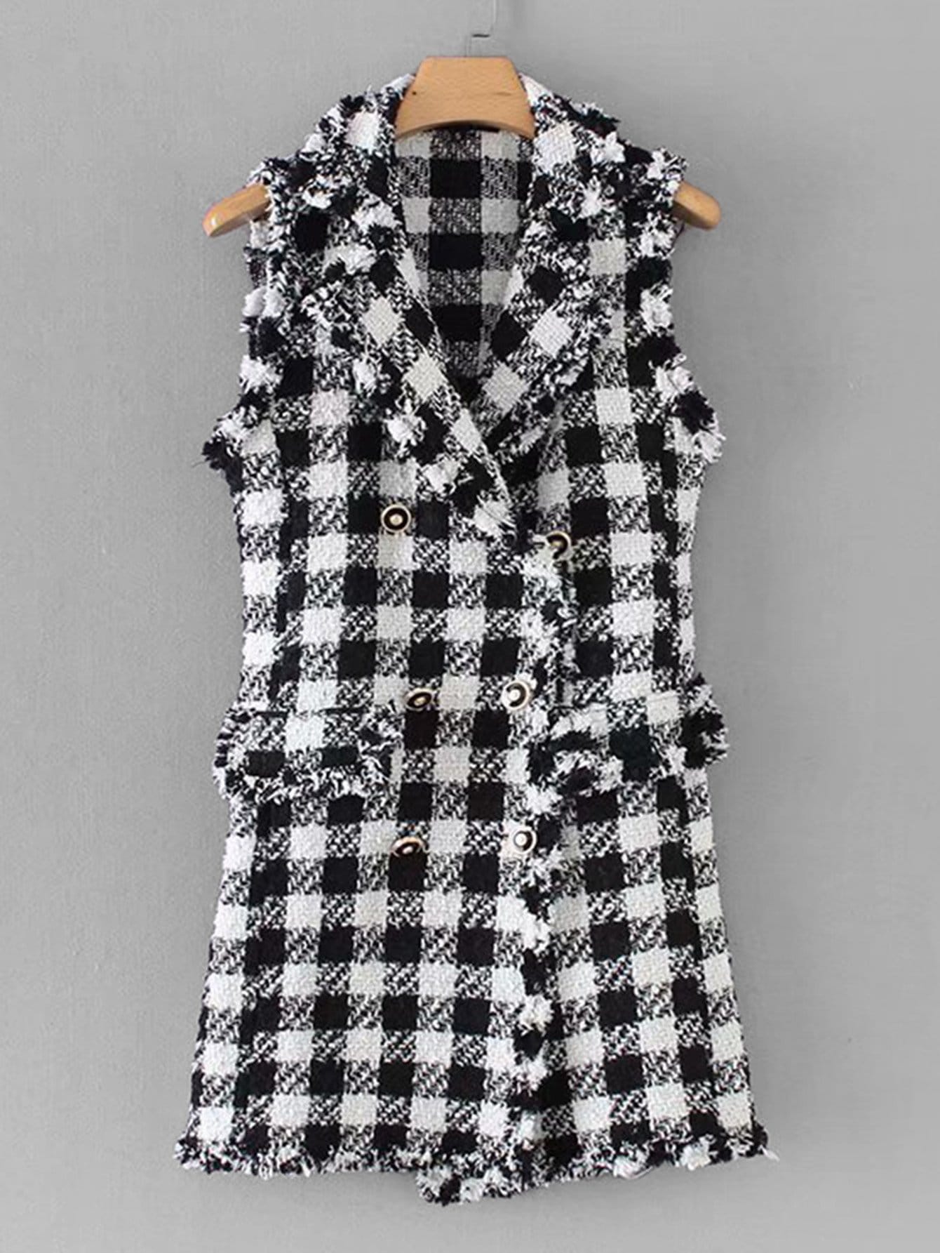 Double Breasted Houndstooth Tweed Outerwear