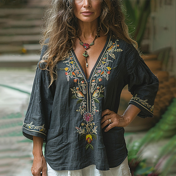 Women's Vintage Linen Bohemian Print Shirt