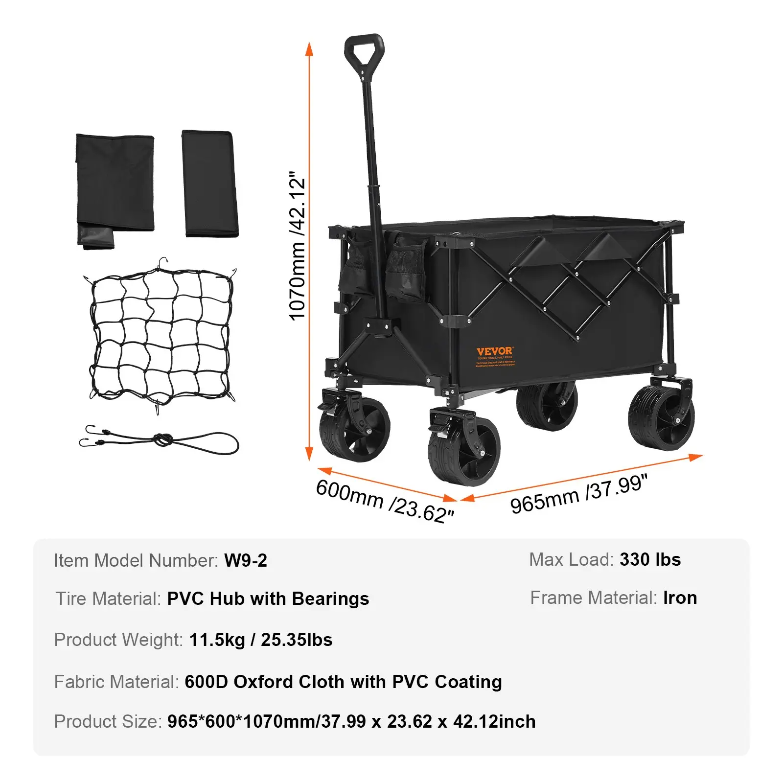 Foldable Double Decker Wagon, Collapsible Wagon Cart with All-Terrain Wheels, Heavy Duty Folding Wagon Cart for Camping, Shopping, Garden, 52