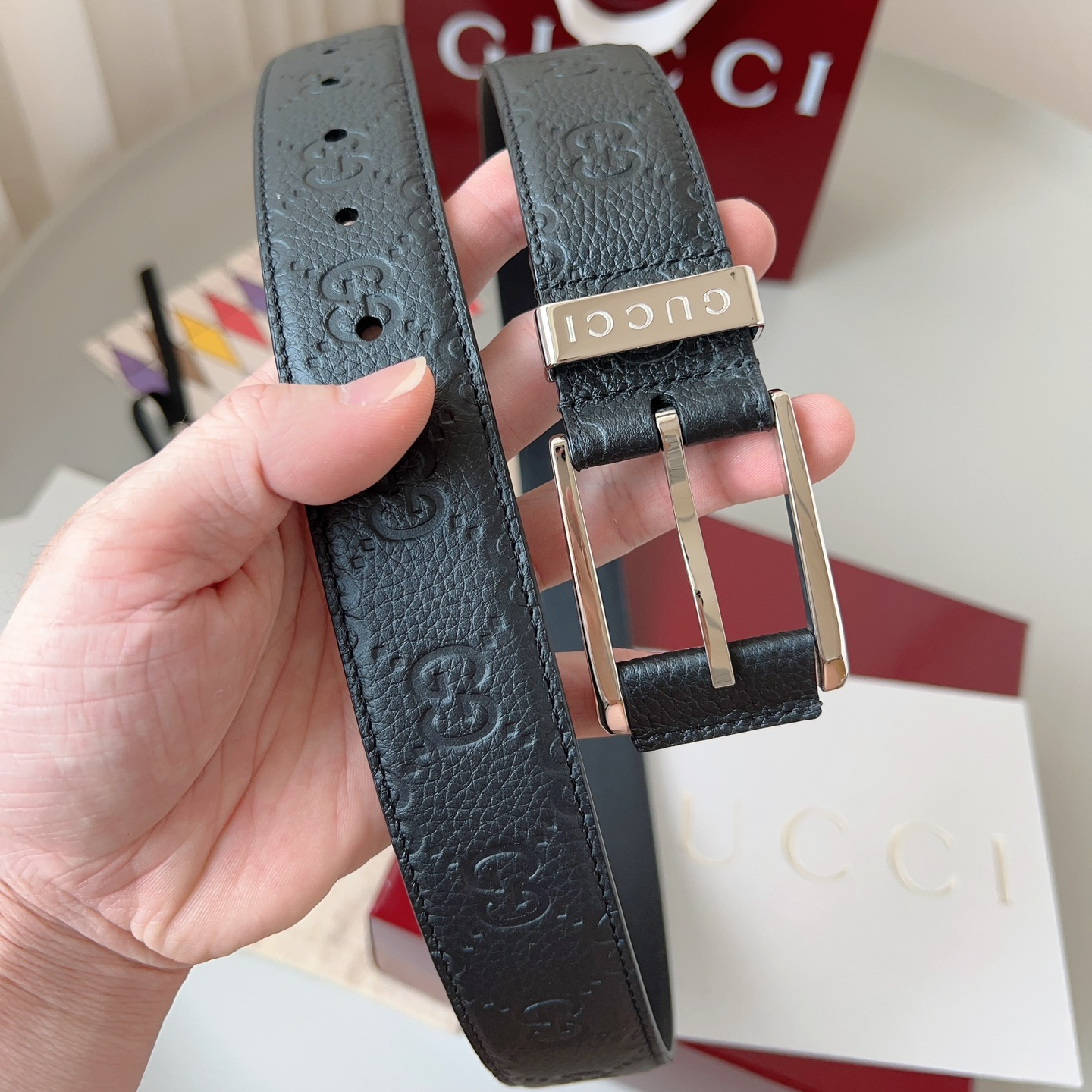 Gucci pin buckle printed leather belt 3.5cm wide