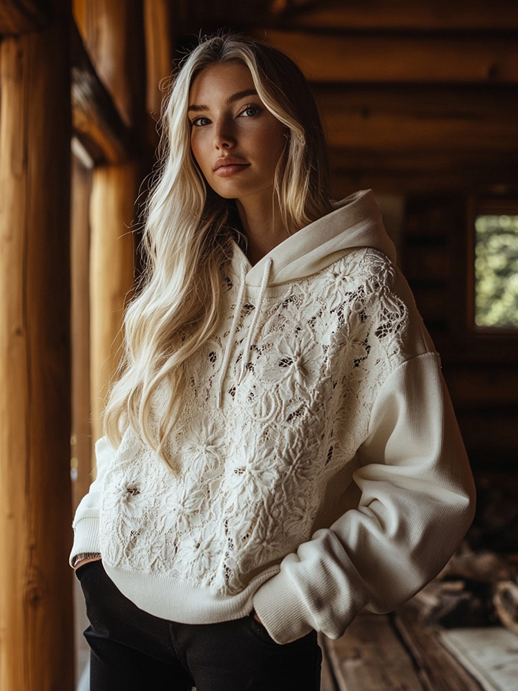 Women's Floral Lace Embroidery Patchwork Art Hoodie