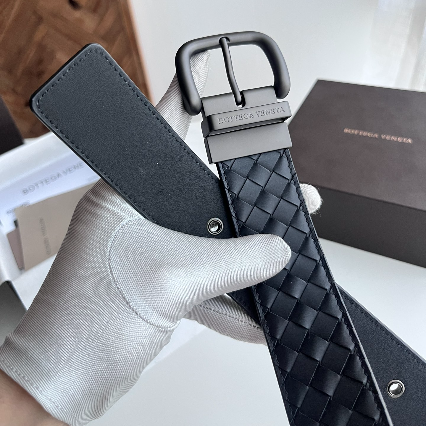Bottega Veneta intreccio woven cowhide double-sided belt width 4.0cm