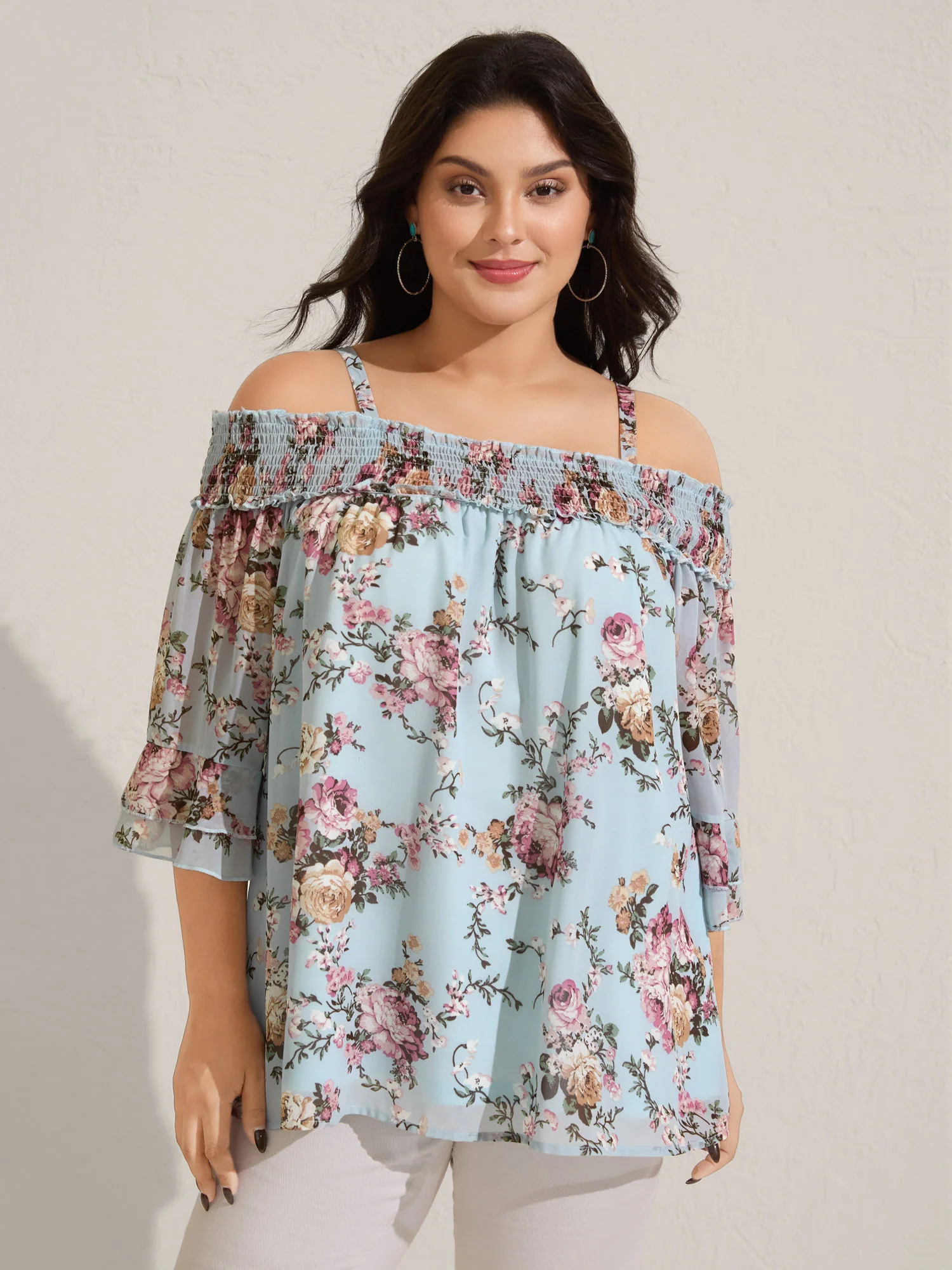 Shirred Off-Shoulder Chiffon Floral Blouse