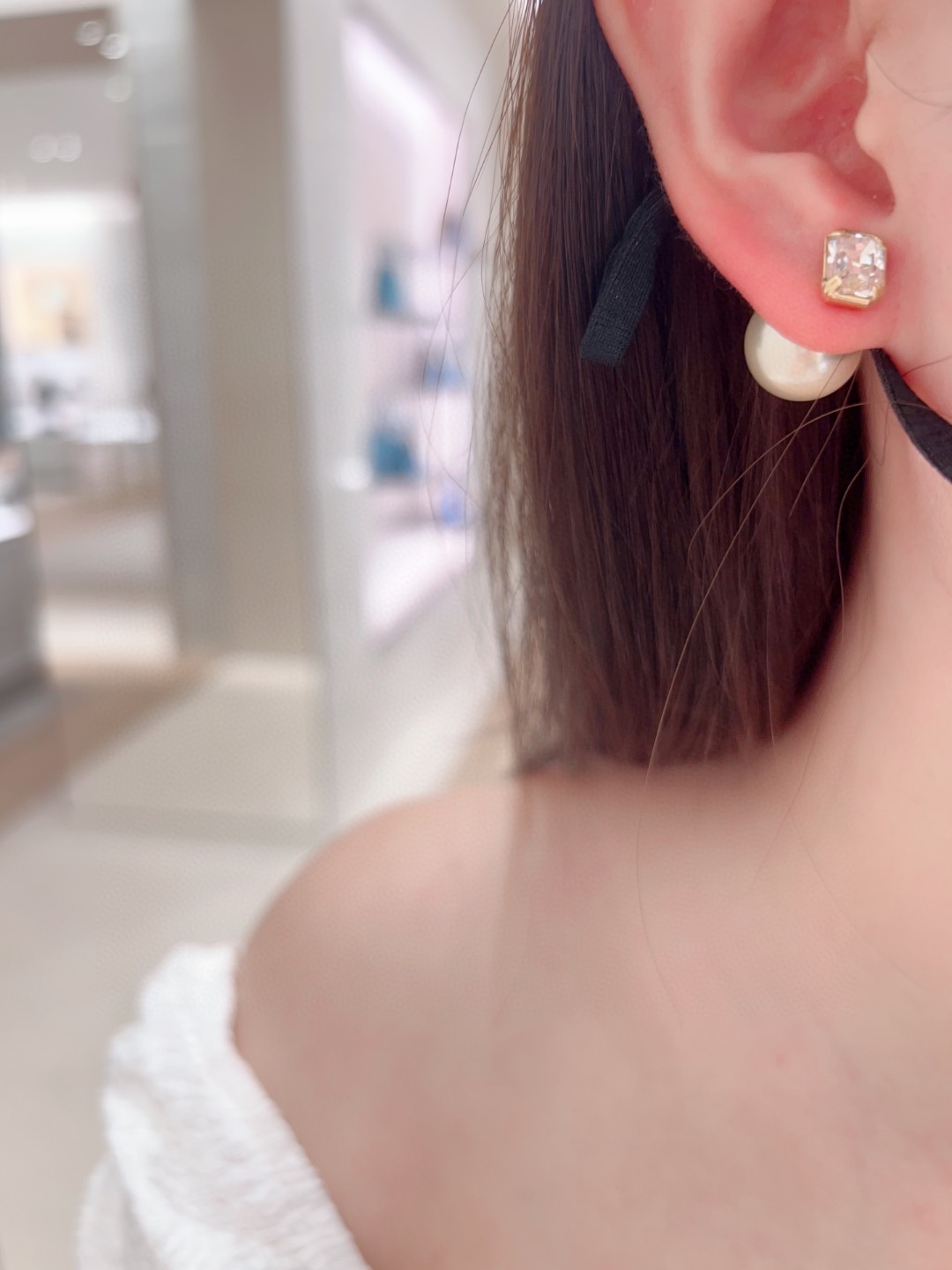 Dior Square Diamond Pearl Earrings