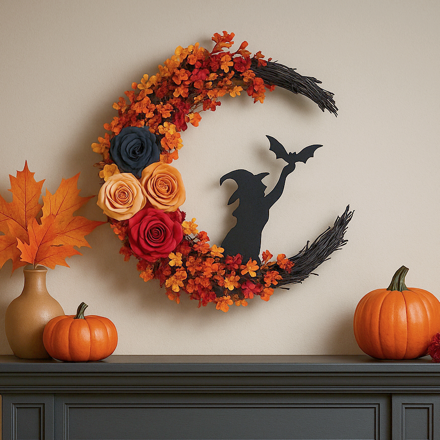 💥ON SALE💥-🌙 Witch Cat Moon Wreath  with Autumn Leaves & Roses 🐈‍⬛🍂🌹