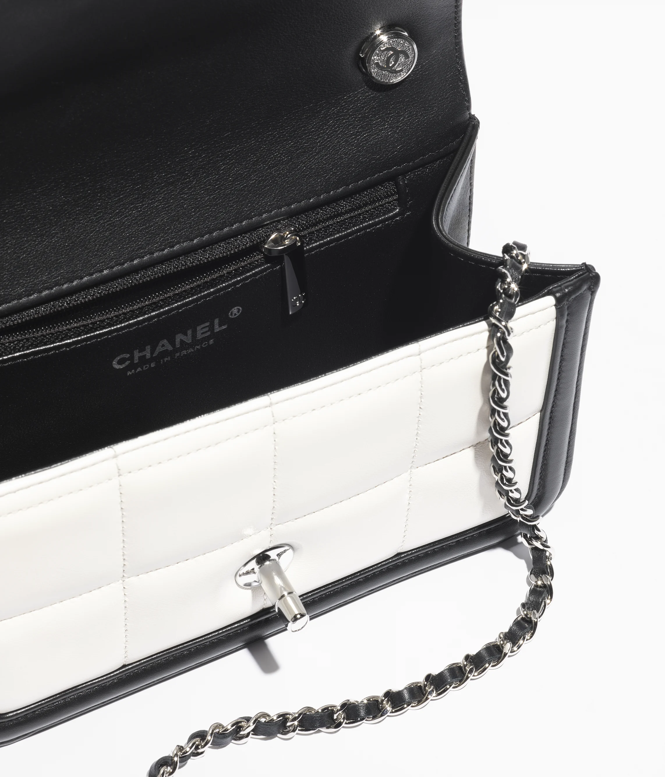 Chanel Mini Flap Bag Lambskin, Calfskin & Silver-Tone Metal Black & White AS5249-B18756-NACUV